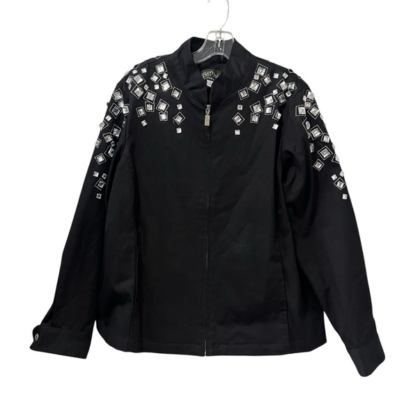 Bob Mackie Jackets & Blazers - Vintage Bob Mackie Womens Jacket Size Large Black Rhinestones Zip Front Full Zip